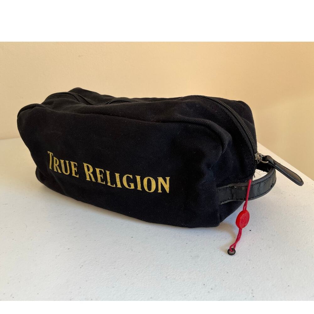 True Religion Black Cotton Toiletry Travel Bag Dopp Kit Gold Logo Red Buddha Y2K